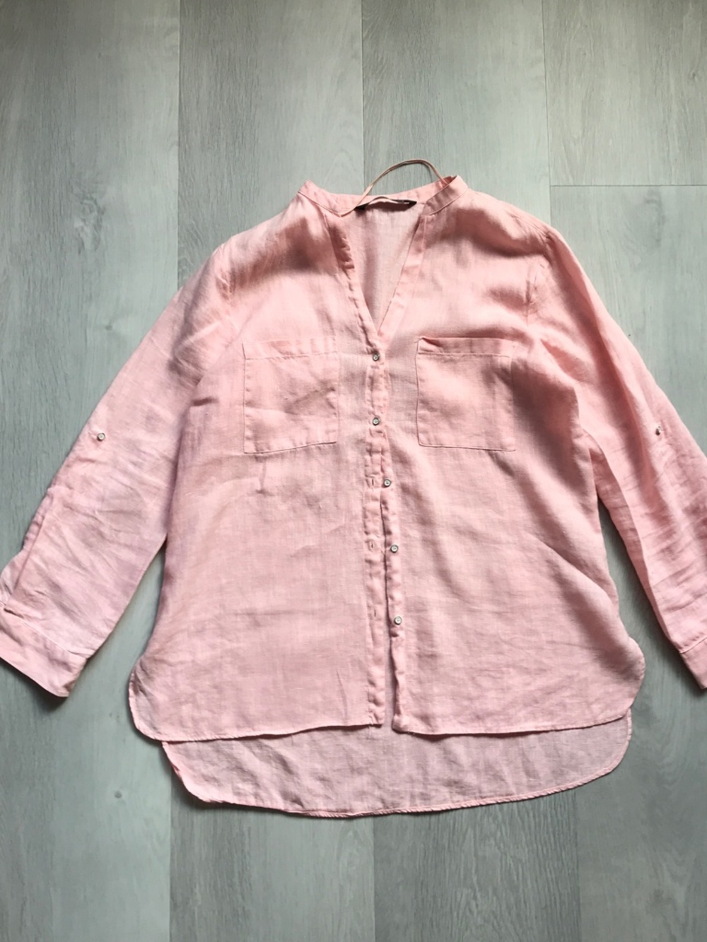 ZARA LINEN PINK SHIRT BUTTON LONG SLEEVE COLLAR BEACH BREATHABLE WOMENS SMALL